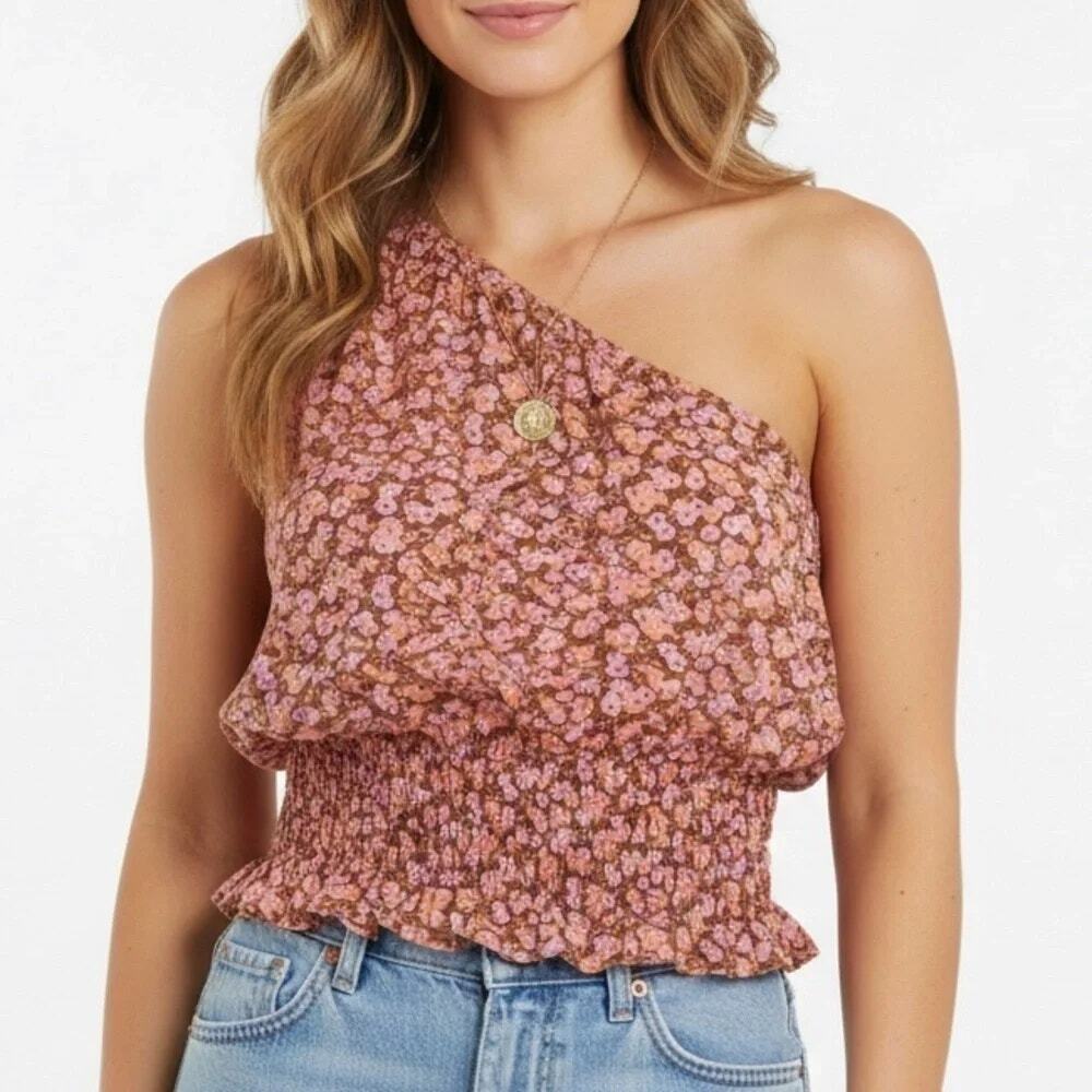 NWT BP Brown Pink Tan Floral One Shoulder Shirred Allison Crop Top Women's Small